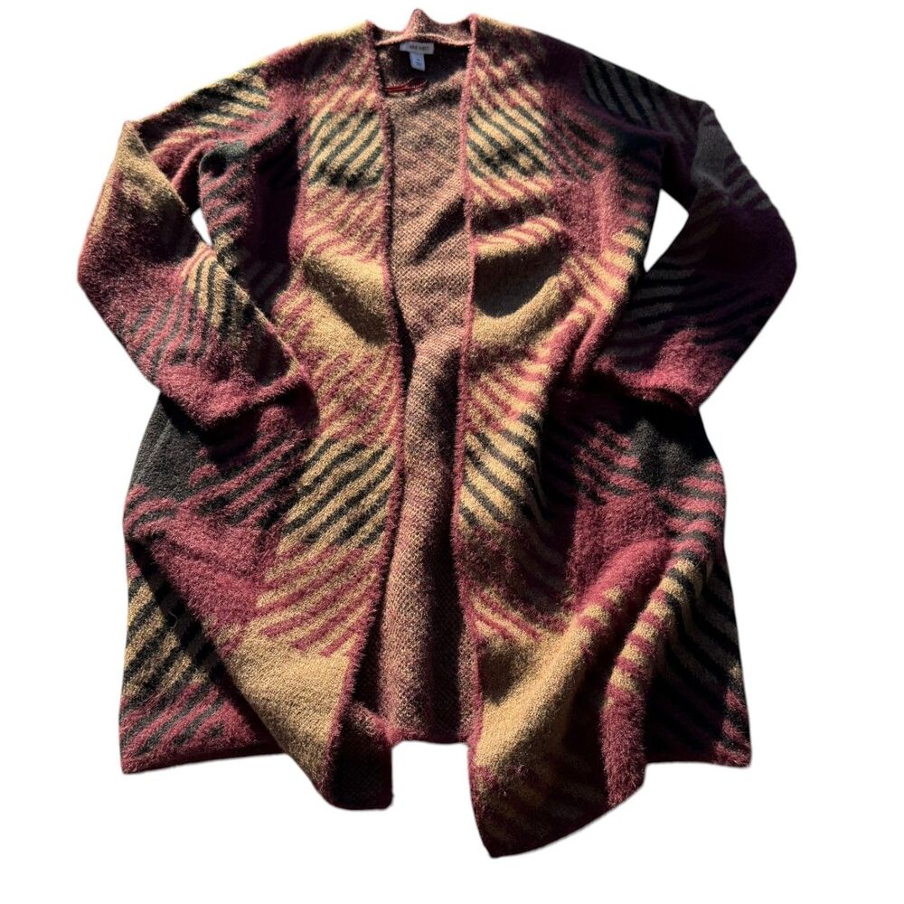 Nine West Womens Medium Cardigan Plaid Geometric Burgundy Fuzzy Open Front Long